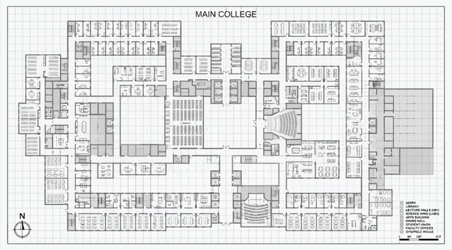 Detailed floor plan of a college campus building with legend