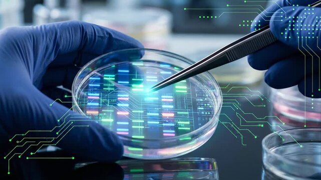 Futuristic genetic engineering concept with a scientist in a laboratory holding a petri dish containing a glowing dna sequence being analyzed with tweezers, overlaid with a circuit board animation