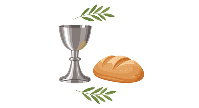 A polished silver chalice is placed horizontally next to a rounded loaf of bread with green olive branches positioned above and below against a neutral white backdrop.