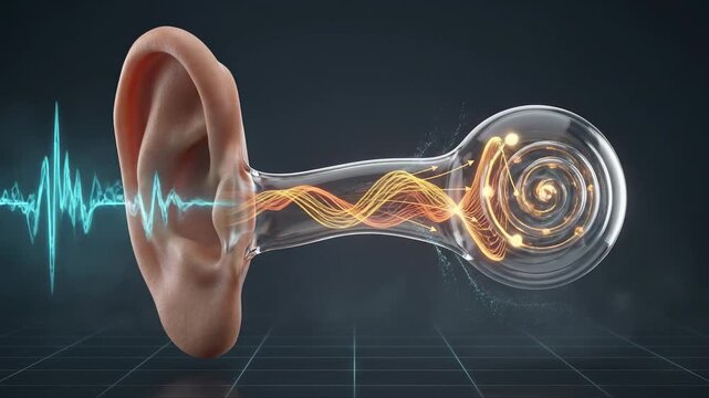 Medical 3d animation showing a sound wave entering the ear and being converted into nerve signals within the cochlea, illustrating the complex anatomy and function of the auditory system
