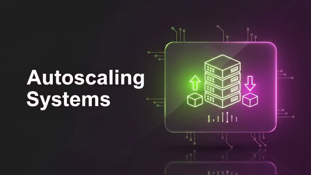Futuristic animation showing an autoscaling system icon, representing dynamic resource allocation and server management for cloud computing infrastructure, enhancing performance and scalability