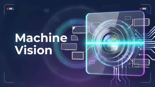Futuristic animation of machine vision technology with a camera lens scanning data, showing how artificial intelligence analyzes and recognizes information from its digital eye perspective
