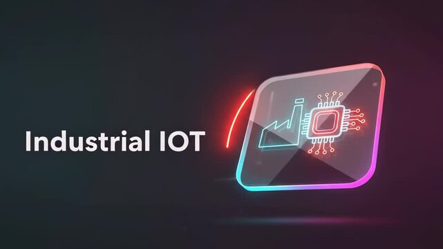 Futuristic animation showing industrial internet of things concept with a factory and microprocessor chip icon. Glowing neon lines visualize data flow, smart manufacturing, and automation