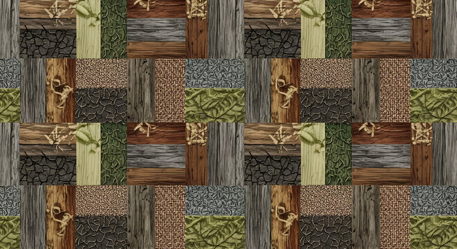Textured patchwork background with mixed wood stone and fabric materials