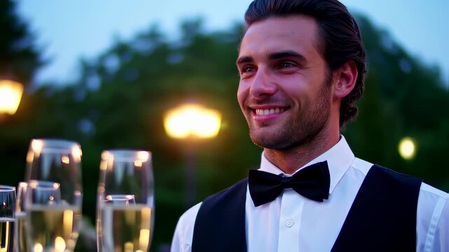 Professional young waiter in a bowtie and vest holding a tray with glasses of sparkling champagne during an elegant outdoor event, smiling happily while serving the guests at dusk