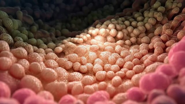 Microscopic journey through the human intestine, showing the detailed structure of the intestinal villi responsible for nutrient absorption, a detailed medical and scientific animation
