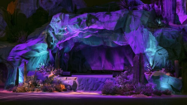 A stage built into a natural desert cave, illuminated by dramatic purple and teal uplighting, cinematic 