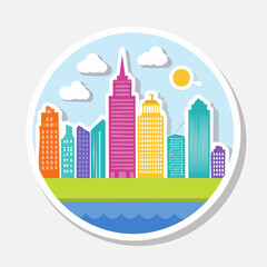 Obraz premium Colorful Cityscape with Skyscrapers and Clouds