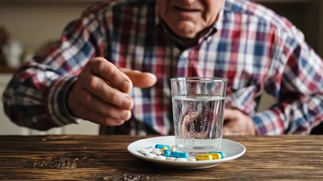 Close-up of a glass of water and various colored pills on a small plate with a senior man in a plaid shirt grimacing in abdominal pain and clutching his stomach in the background.