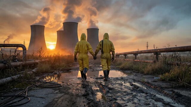 Two people in yellow protective hazmat suits and gas masks holding hands and walking through a muddy, apocalyptic landscape towards a nuclear power plant during a dramatic sunset