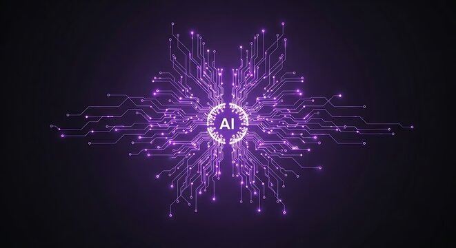Abstract purple AI neural network background.