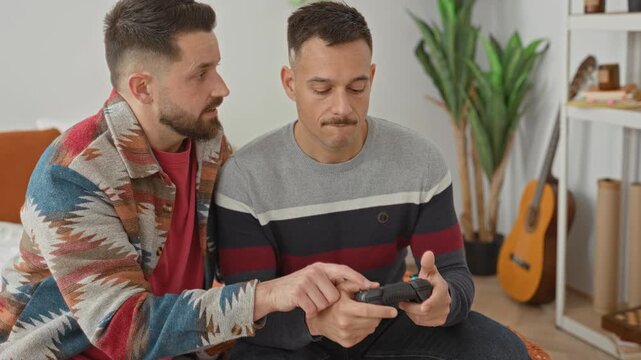 Two men on bed playing with a game controller, one guides hand on controller and both hold joystick in a building room; intimacy bonding.