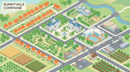 Isometric view of a small town commune with residential houses, public buildings, and agricultural fields © S.Siam