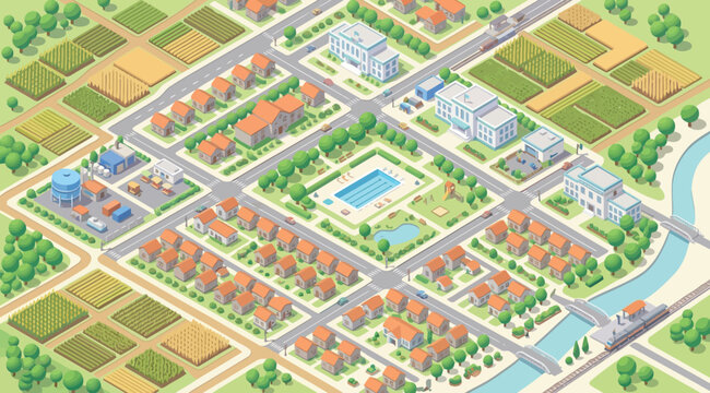 Isometric map of a planned community with residential housing, agricultural zones, and public facilities