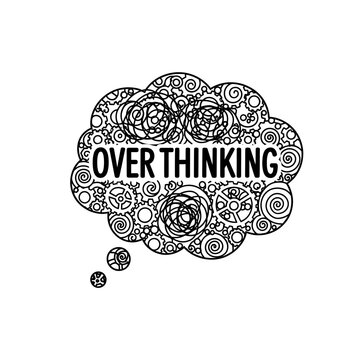 Overthinking concept with gears and tangled scribbles in thought bubble