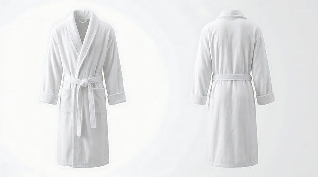 Luxurious pure white cotton bathrobe with tie belt for comfort and relaxation, presented front and back for display