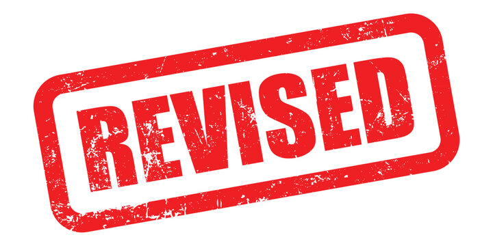Red rubber stamp vector with revised text impression for document updates isolated on transparent background