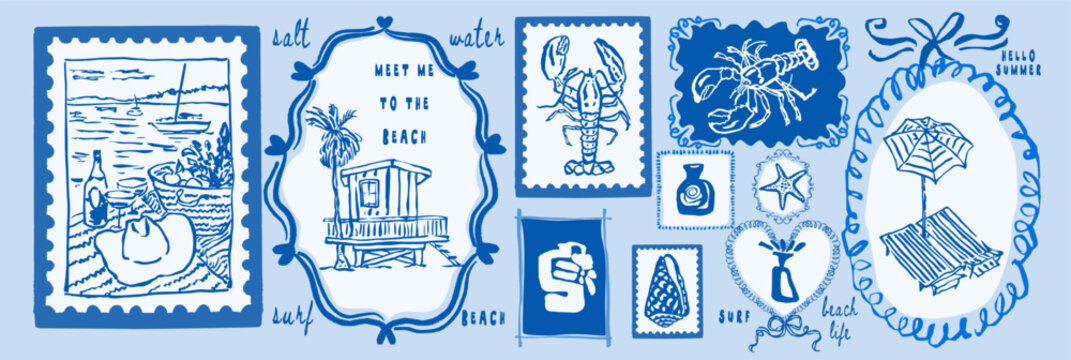 Blue coastal beach stamps in doodle sketch ink style. Ocean summer postal elements with lettering for postcard prints. Nautical vector illustrations for mail, letters and sticker set.