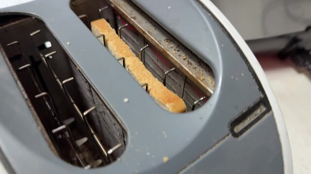 bread inside toaster slot being toasted, close up kitchen process, breakfast preparation concept, home cooking routine