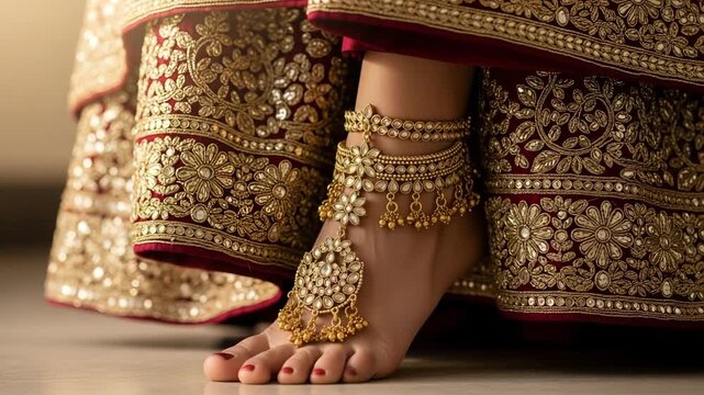 Detailed shot of a bride's heavy gold anklets and embroidered wedding dress