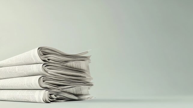 Stack of Newspapers on Light Green Background in Minimalist Style