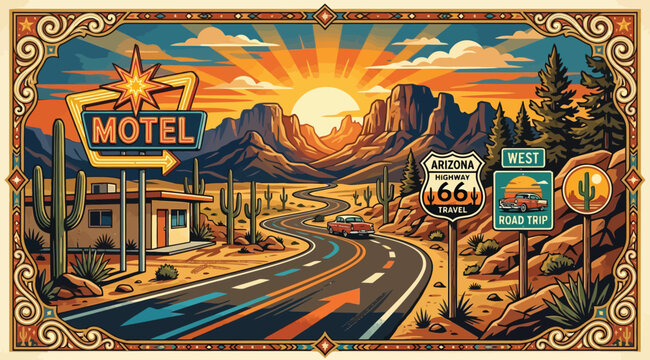 Vintage route 66 road trip poster with motel sign, desert landscape, mountains, and classic car at sunset
