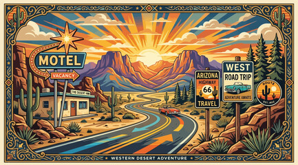 Western desert adventure road trip illustration © S.Siam