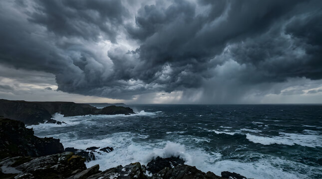 Dramatic Storm Clouds Over Rough Ocean and Rocky Coastline