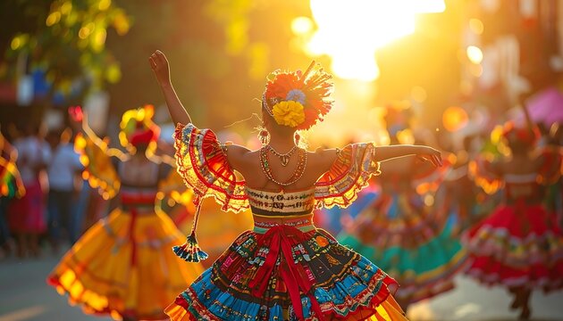 Vibrant traditional dancers perform outdoors at sunset.