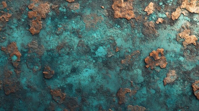 Macro shot of aged weathered copper with natural turquoise verdigris patina, industrial minimalist metallic texture background