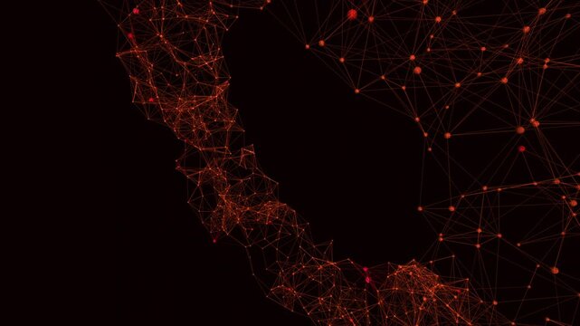 Abstract 3D Torus network visualization featuring glowing synaptic connections in a Crimson Neon spectrum. Cinematic Static Isometric perspective with a seamless loop of Random Firing and data 