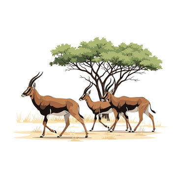Group of impala antelopes walking in the African savanna landscape