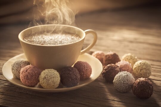 Warm ceramic cup of steaming coffee or tea with assorted chocolates on a wooden surface