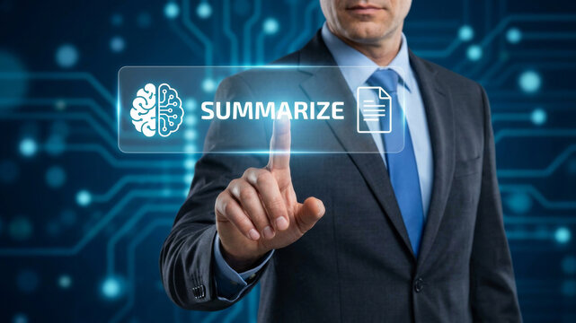 Summary ai business man touch digital summarize icon modern interface. Summary AI, intelligence report management, document information innovation system analysis, automation, data, summarize