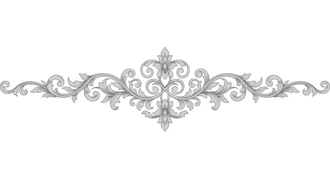 Ornate silver decorative flourish pattern element with intricate details, isolated on white background.