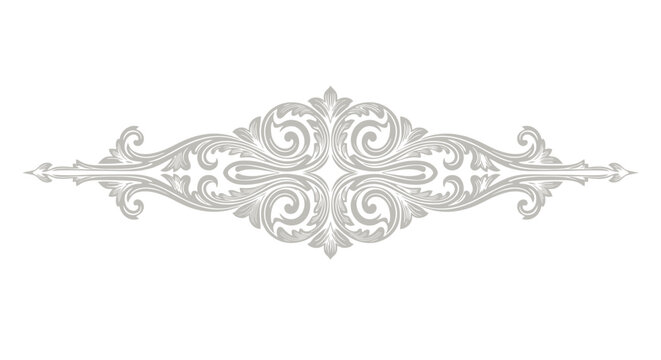 Elegant silver ornate floral scroll design element with detailed engraving in vintage style, isolated on white background.