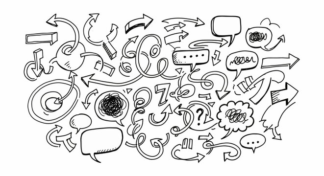 Scattered Hand Drawn Arrows and Speech Bubbles Doodle on Isolated White Background