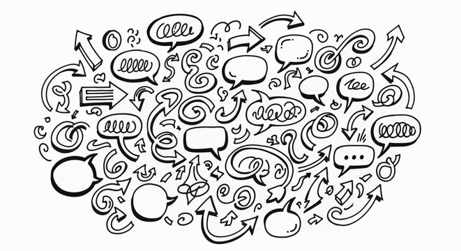 Hand Drawn Doodle Speech Bubbles and Arrows Communication Concept on Isolated White Background