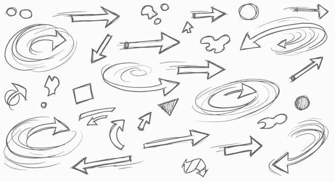 Scattered hand drawn arrows and spiral elements in a doodle style, in bright studio.