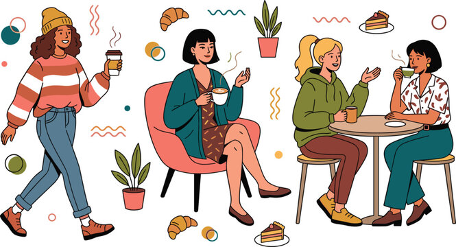 Stylish women enjoying coffee break moments in cozy cafe atmosphere with modern flat cartoon characters and casual social lifestyle scenes