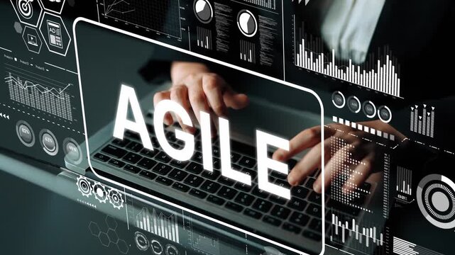 Agile Methodology for Project Management Illustrated with Digital Graphics and Data Visualization on Laptop Screen. Asymptotic smart data analytic.