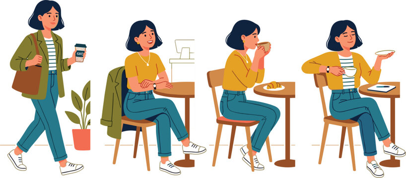 Young woman enjoying coffee shop lifestyle collection with walking pose, cafe seating, breakfast moments and modern flat cartoon character design