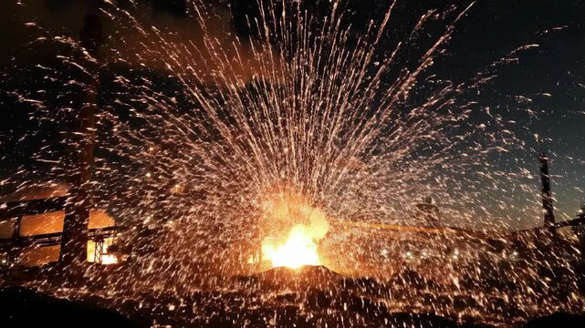 Industrial refinery complex at dusk with smoking chimneys and glowing flares, industry and energy production, environmental pollution, night sky with stars