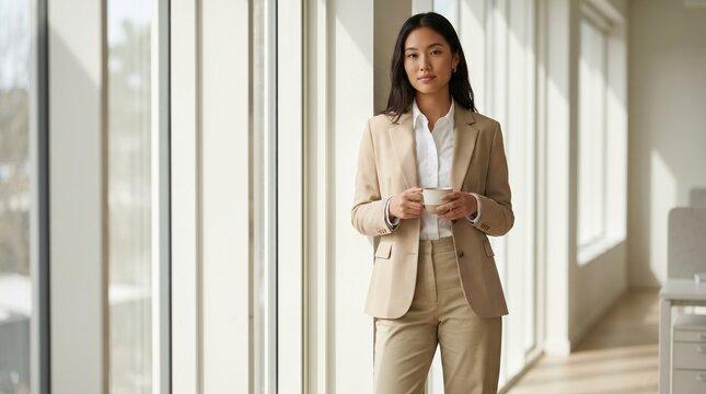Woman In Stone Cotton Pants With Coffee Cup