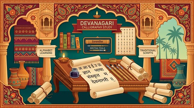 Immerse in the rich heritage of Devanagari calligraphy and traditional Indian scripts within a beautifully adorned study setting