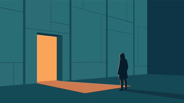 Solitary human figure standing in silhouette against a vast, colorful evening sky at sunset over an expansive horizon, minimalist vector illustration representing peace and solitude.