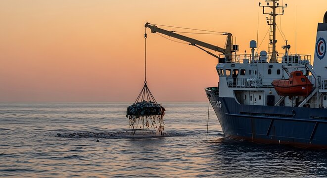Ocean Cleanup Ship Crane Lifting Debris at Sunset