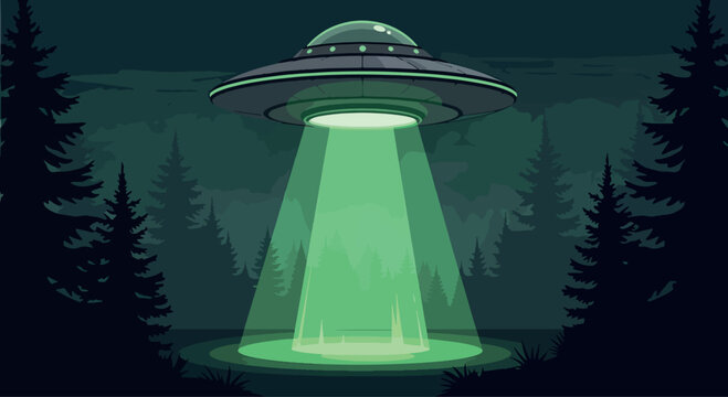 Classic metallic disc-shaped unidentified flying object hovering in a dark, misty night sky with atmospheric fog, mysterious alien spacecraft vector illustration with glowing lights