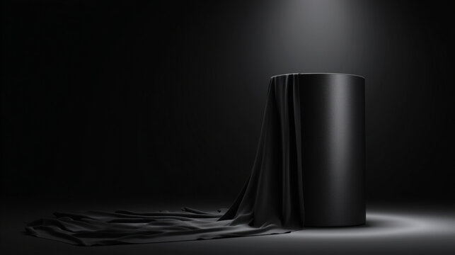 Black pedestal wrapped in flowing cloth, studio lighting, on a dark background, concept of luxury and elegance
