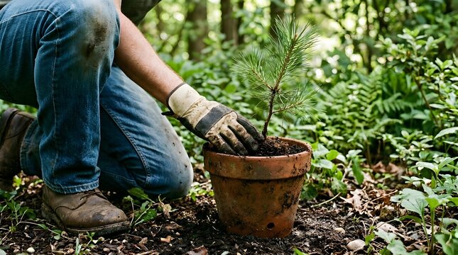 Man planting a small pine tree in a terracotta pot in the forest